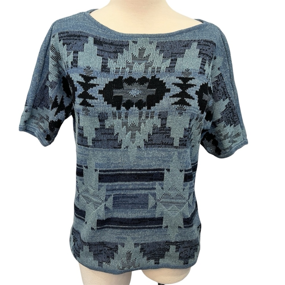 CHAPS Blue Aztec Inspired Knit Sweater Tee (M)